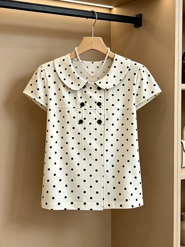 

Женская летняя блузка больших размеров в горошек с коротким рукавом, новинка 2026 года, с воротником «Питер Пэн», приталенная, в корейском стиле