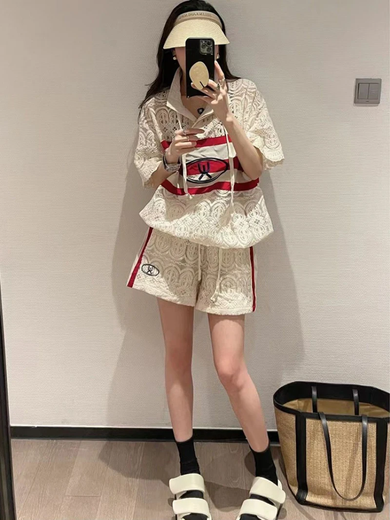 Summer Hollow Lace Two-piece Women\'s 2023new Fashion Street Short-sleeved Striped Top + Casual Lacetracksuit Women Two Piece Set