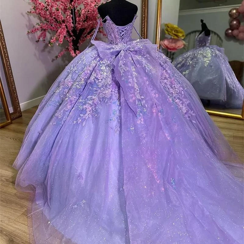 Vestido Quinceanera com renda com espartilho de renda, vestido de baile frisado, roxo lilás, vestido Sweet 16, 15 Quinceanera, 2024