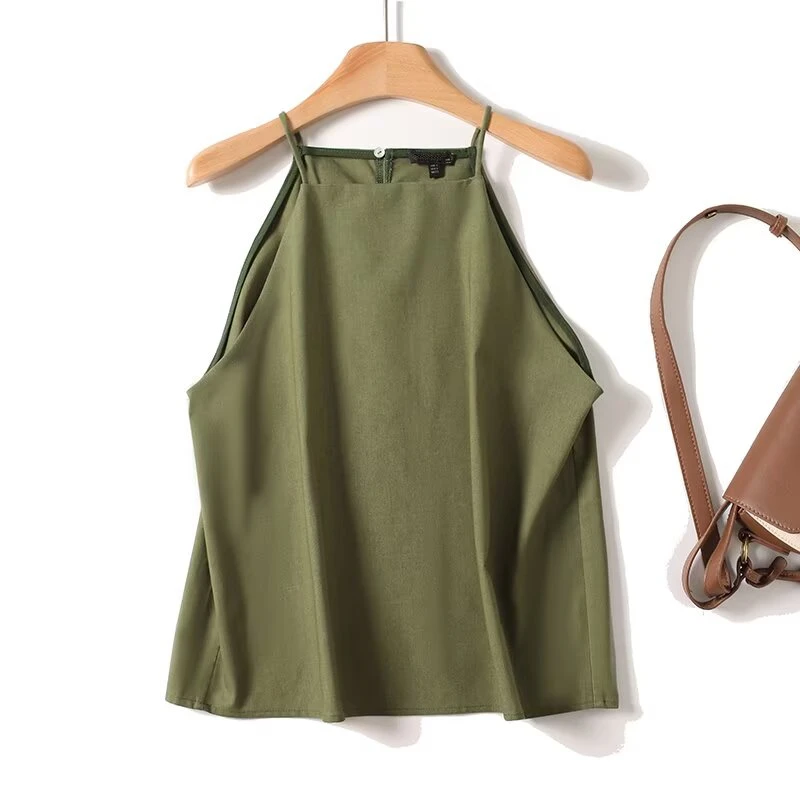 เจนนี่&เดฟ 2026 เสื้อผ้าลินินสีเขียวสไตล์มินิมอลแบบฝรั่งเศส ชุดสูทลำลอง เสื้อแขนกุดคอ halter กางเกงขายาวทรงหลวม ชุดสองชิ้น