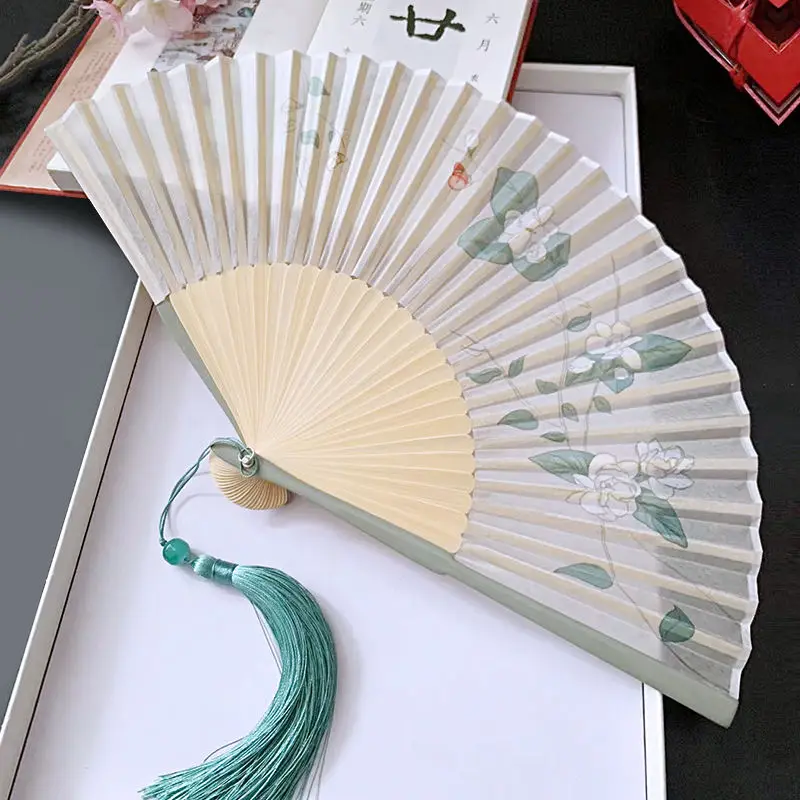 Retro Style Folding Fan Chinese Portable Hanfu Qipao Accessories Folding Small Bamboo Jasmine Gardenia Printed Dancing Fan ZD627