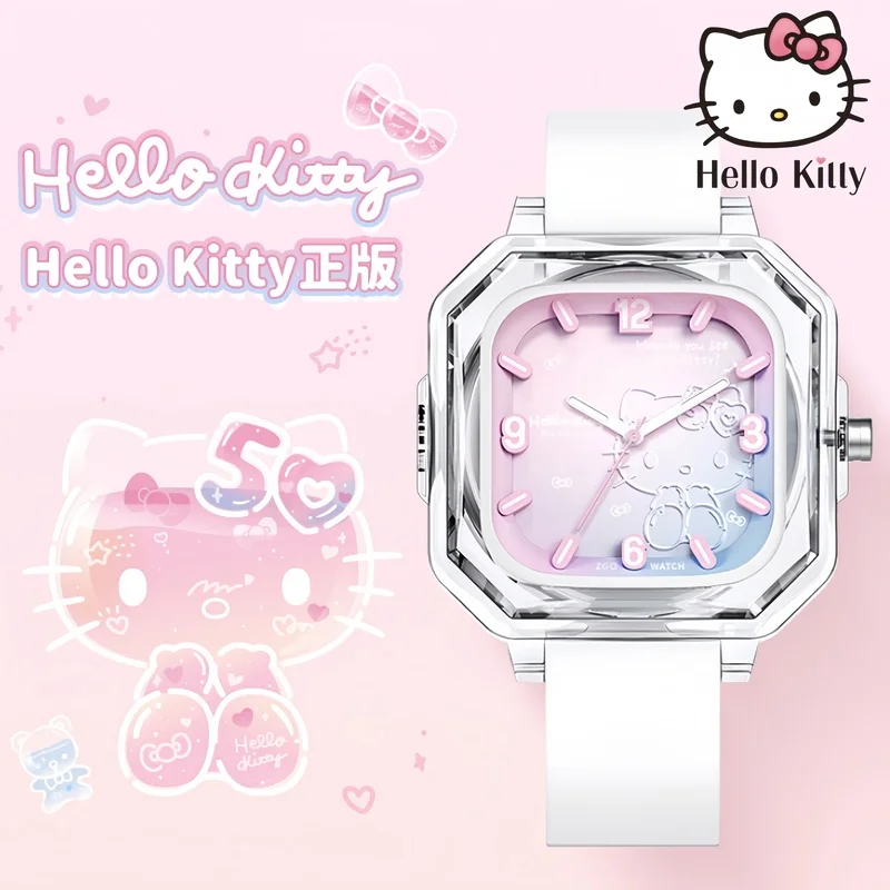 Sanrio 50th Helookitty Joint Zgo Student Watch Jelly Silicon Square Watch Waterproof Night Light Watch Birthday Gift For Women