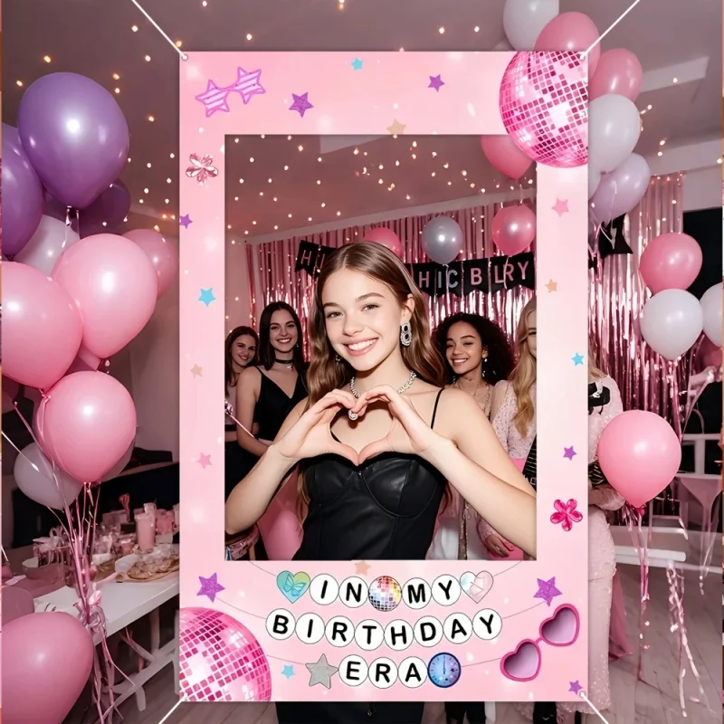Fondo reutilizable con tema de cumpleaños con ojales de metal en cuatro esquinas, tela de fondo para fiesta de cumpleaños con temática rosa