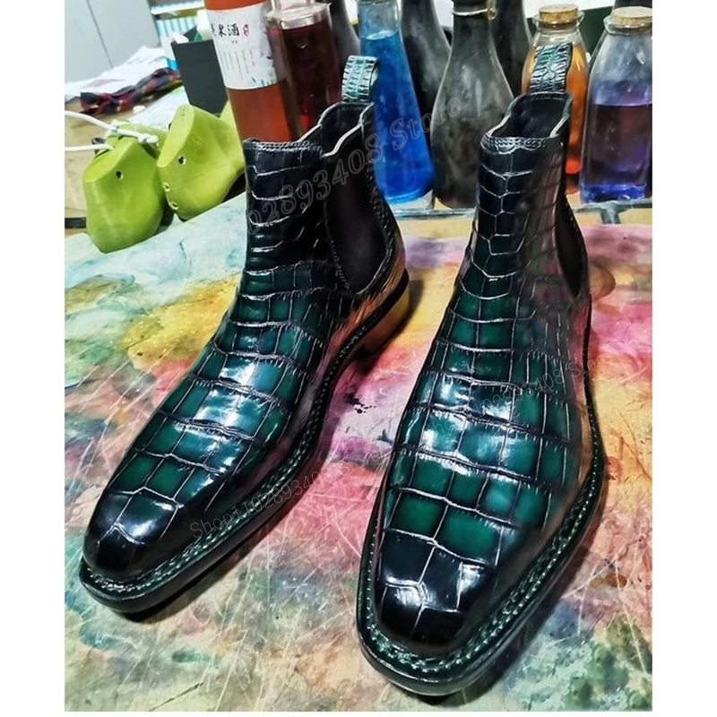 Botines con estampado de cocodrilo verde para hombre y Mujer, zapatos planos de punta cuadrada, de cuero sin cordones, a la moda, de alta calidad, 2023