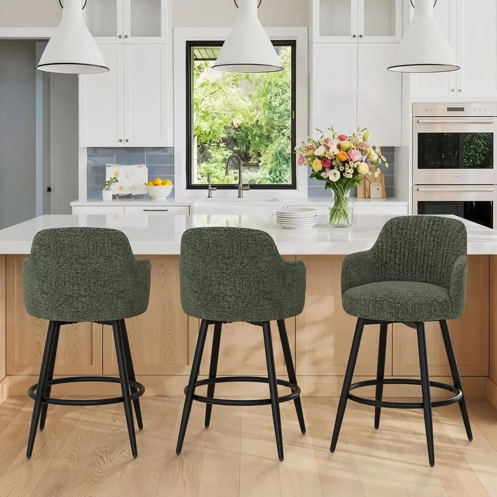 

Set of 3, 26 Counter Height Upholstered Swivel Bar Stools with Enclosed Back, Chenille Cushion, Grayish Green