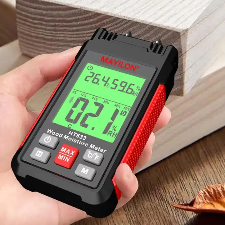 

Mayilon HT633 Digital Wood Moisture Meter Pin Type Ambient Temperature Humidity Detector with LCD Backlight Display Data Hold