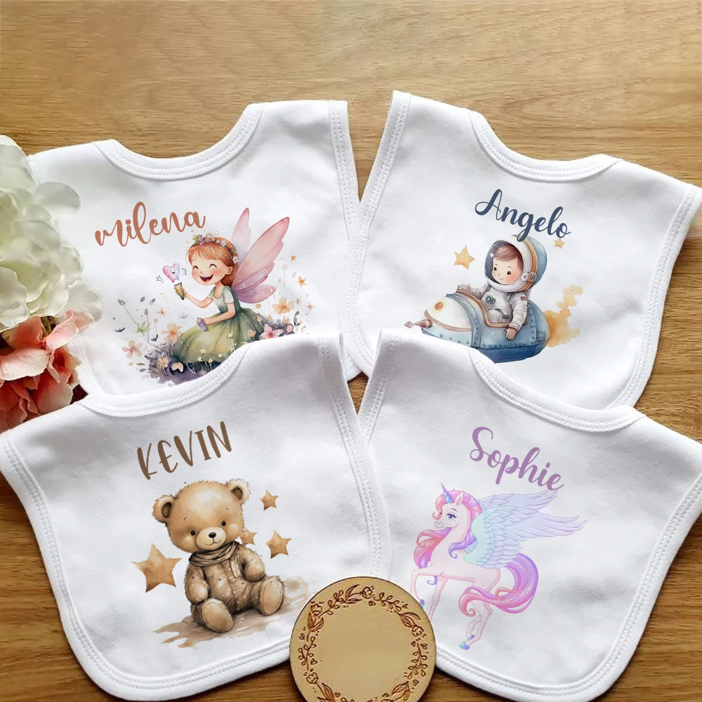 Personalized Baby Bibs Custom Name Boy Girl Cotton Bib Unicorn Bear Fairy Print Newborn Saliva Towel Infant Birthday Shower Gift