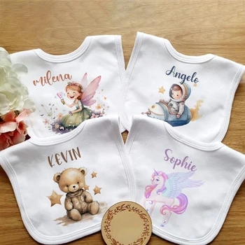 Bavoirs personnalisés pour bébé, nom personnalisé, garçon et fille, en coton, imprimé licorne, ours, fée, serviette de salive pour nouveau-né, cadeau d'anniversaire pour bébé