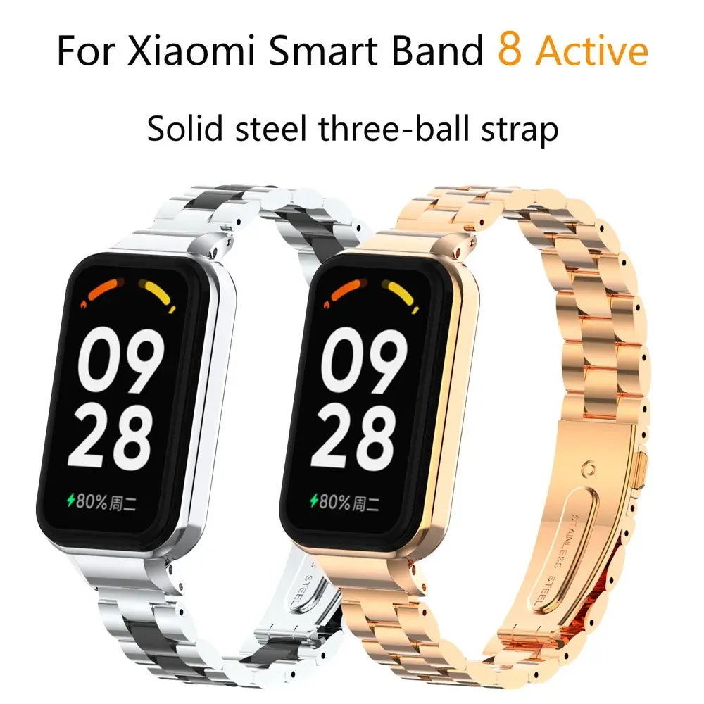 Tali baja tahan karat untuk Xiaomi Mi band 8, gelang tali baja tahan karat tiga manik aktif padat untuk Mi Band 8 aktif