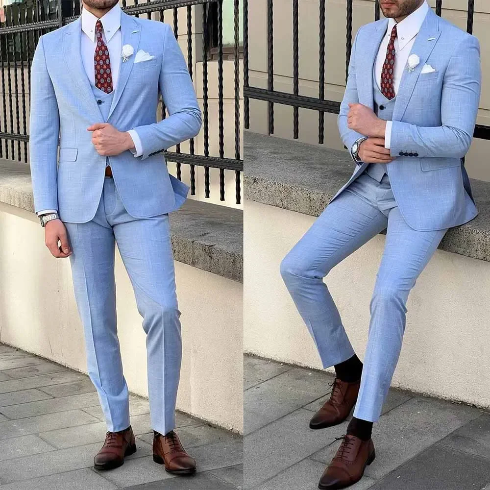 Blue Slim Fit Men's Suits Elegant Wedding Male Clothing One Button Peak Lapel Back Vent Blazer Luxury 3 Piece Jacket Pants Vest