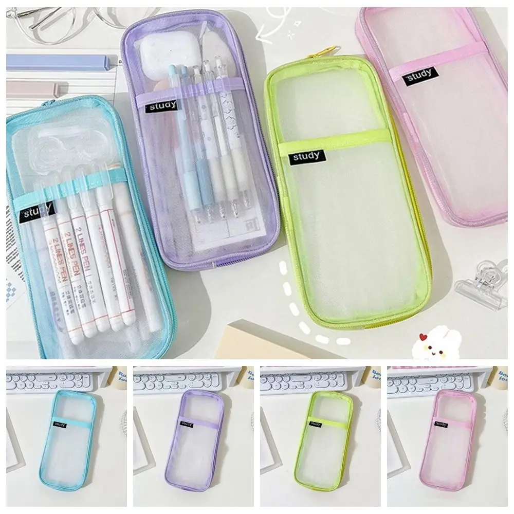 Simple Transparent Mesh Pencil Case Durable Wear-resistant Rectangles Pen Bag Examination Dedicated Korean Aesthetic