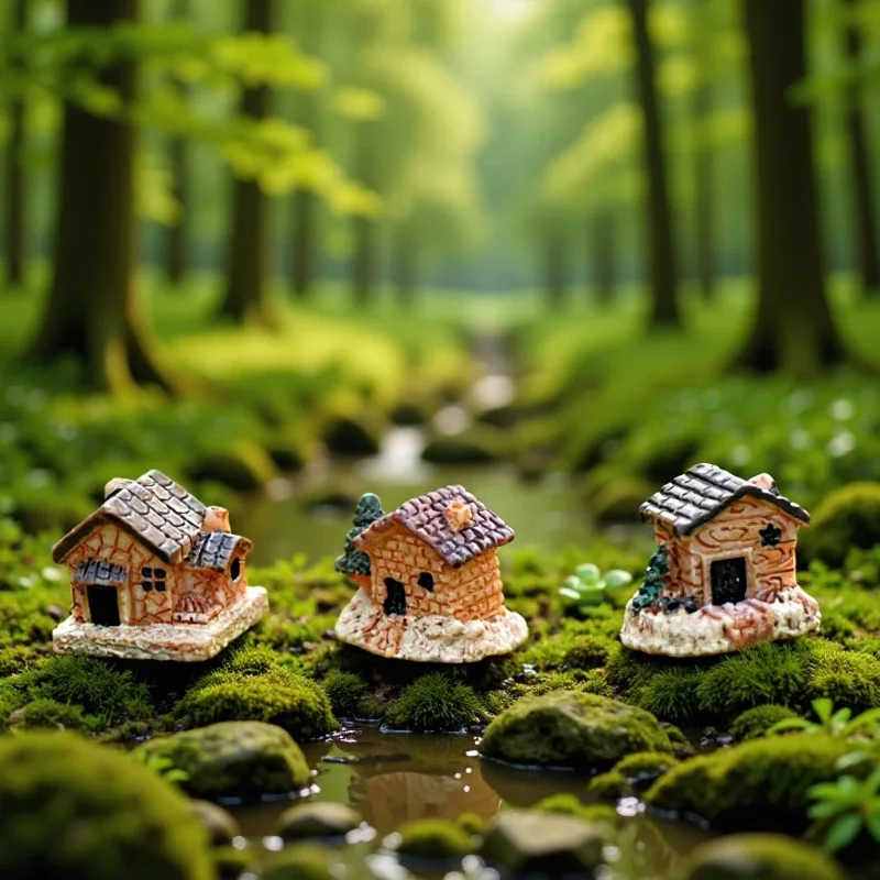 3pcs Moss Micro Landscape Fenced House Micro Landscape Decorative Accessories Resin Small House Ornaments Villa Ornaments