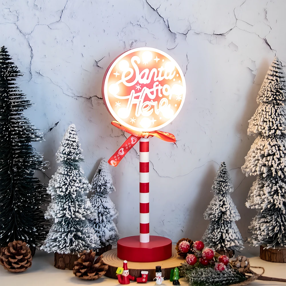 Christmas Retro Lamp North Pole Sign LED Light Santa Stop Here Street Sign Xmas Wooden Desktop Decoration Xmas Decor 2024