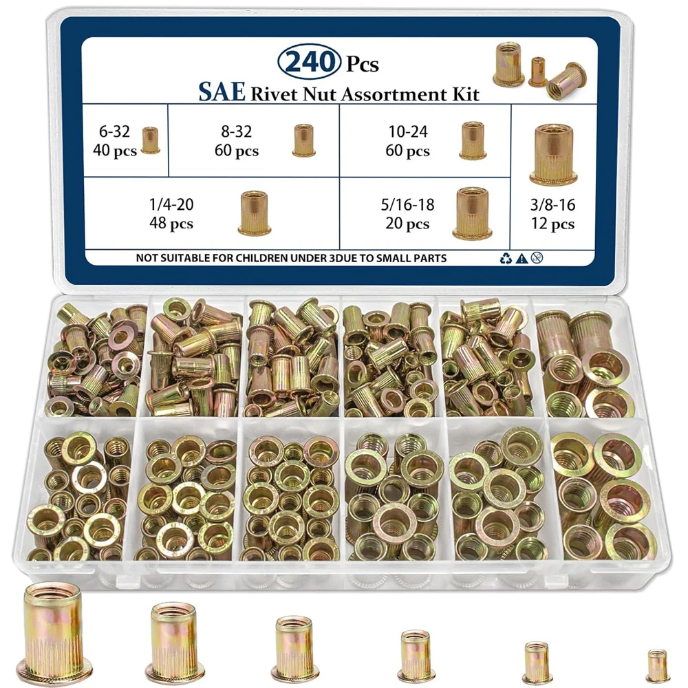 

240Pcs Rivet Nut Assortment Kit,#6-32#8-32#10-24 1/4"-20 5/16"-18 3/8"-16 Rivnut Threaded Insert Nut,Plated Carbon Steel Nutsert