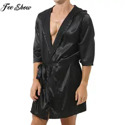 Albornoz de satén con capucha para hombre, bata de noche con cinturón, camisón de media manga, Kimono suave y sedoso, ropa de dormir