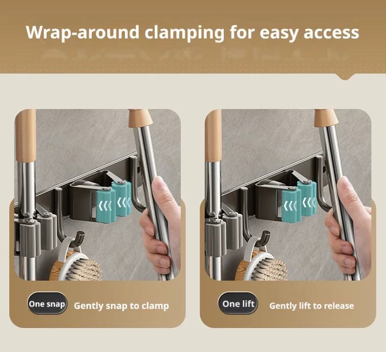 Edelstahl Wandmontierter Mopphalter Organizer mit Haken Bohrfreie Badezimmer-Besen-Aufbewahrungsklammer Robuste Halterung – Detail 9