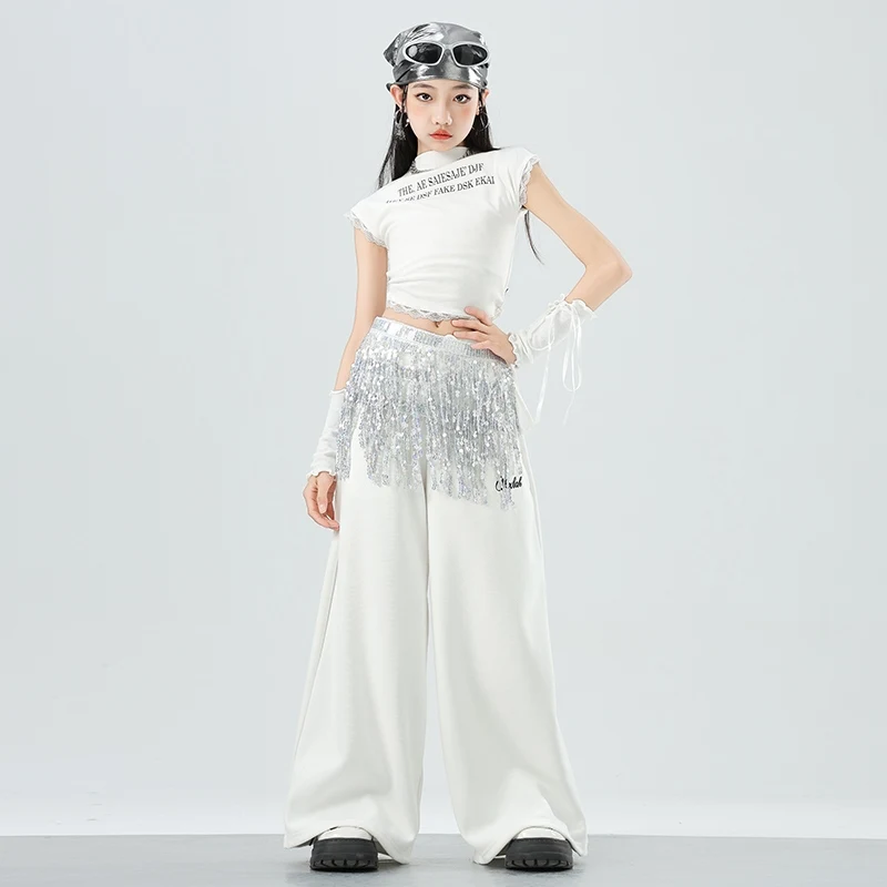 Mädchen Weiß Anzug Kleidung Hip Hop Jazz Dance Kostüme Kurzarm Top Pailletten Hüfte Schal Hosen Kpop Street Dance Tragen DQL10597