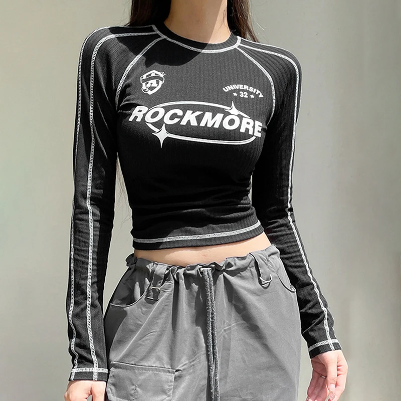 

T-shirt Women Spring New Long Sleeves O-Neck Streetwear Crop Top Print Letter Black Casual Slim Streetwear Clubwear Female Tees