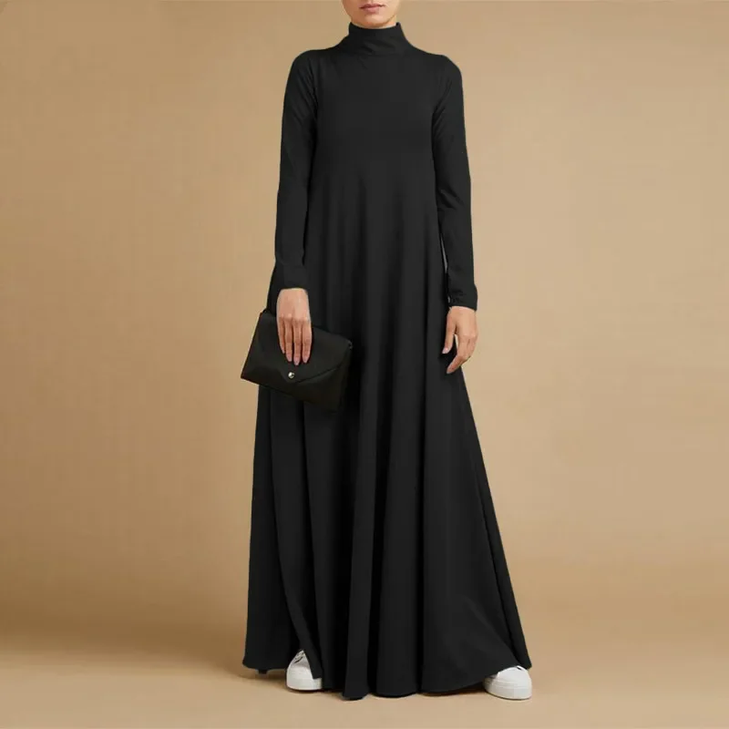 Abayas Muslim Dresses Women Clothing Long Sleeve Maxi Dress Elegant High Collar Loose Fit  A-line Frcok Solid Color Thin Outfits