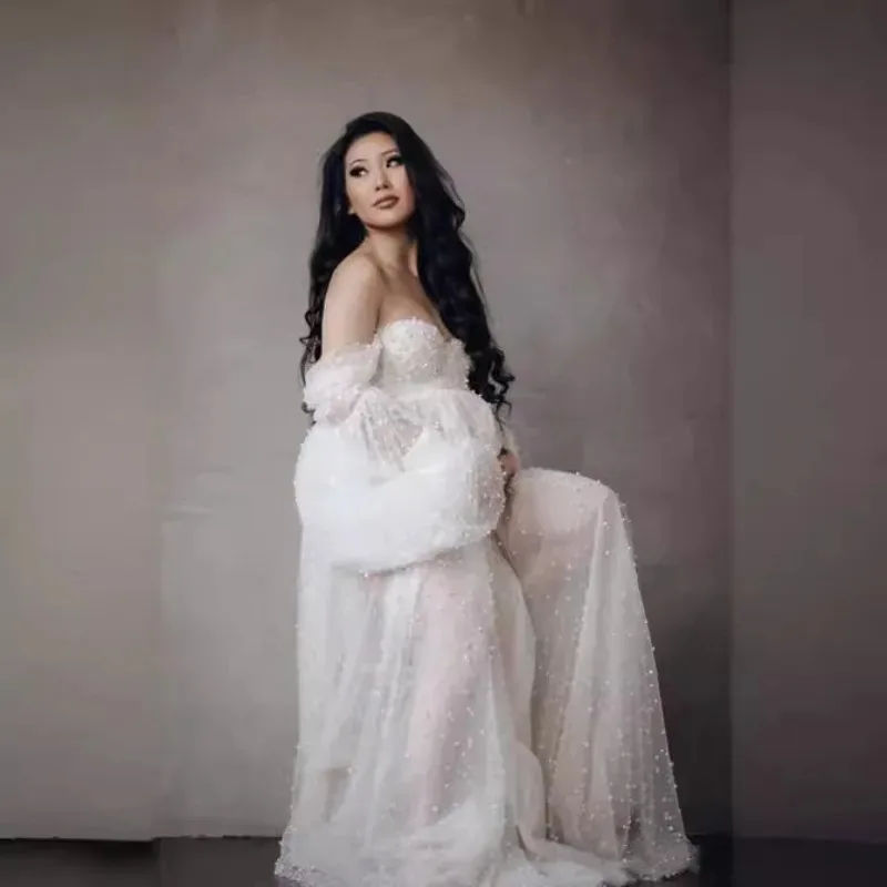 women-patchwork-mesh-beaded-off-shoulder-maternity-maxi-dress-photography-floor-length