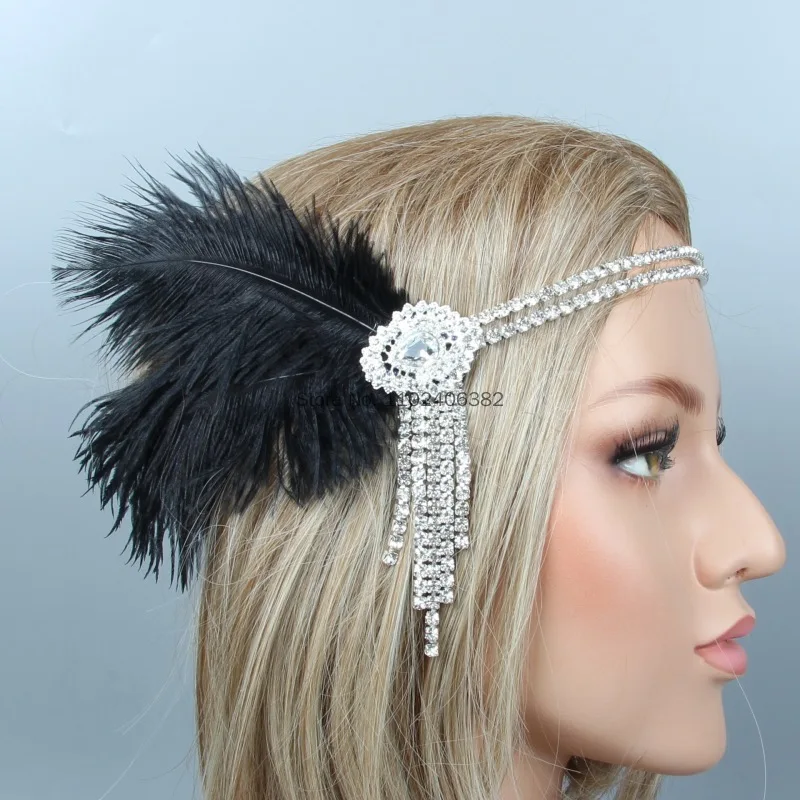 Fasce di piume Cocktail Tea-Party copricapo per ragazze Gatsby accessori per capelli 1920s Flapper fascia di cristallo puntelli di Halloween