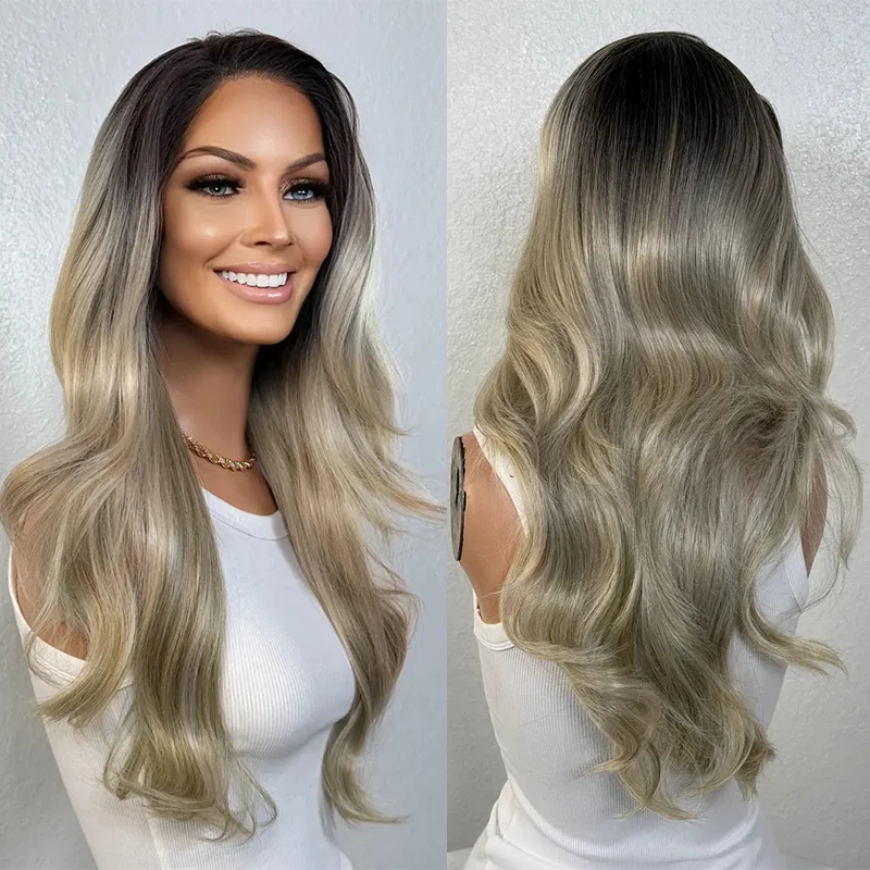 Ash Blonde Balayage Dark Roots Soft Waves Lace Front Wig Human Hair Blend Wavy Wig 13x6 Free Part Multi-Directional Style Wig