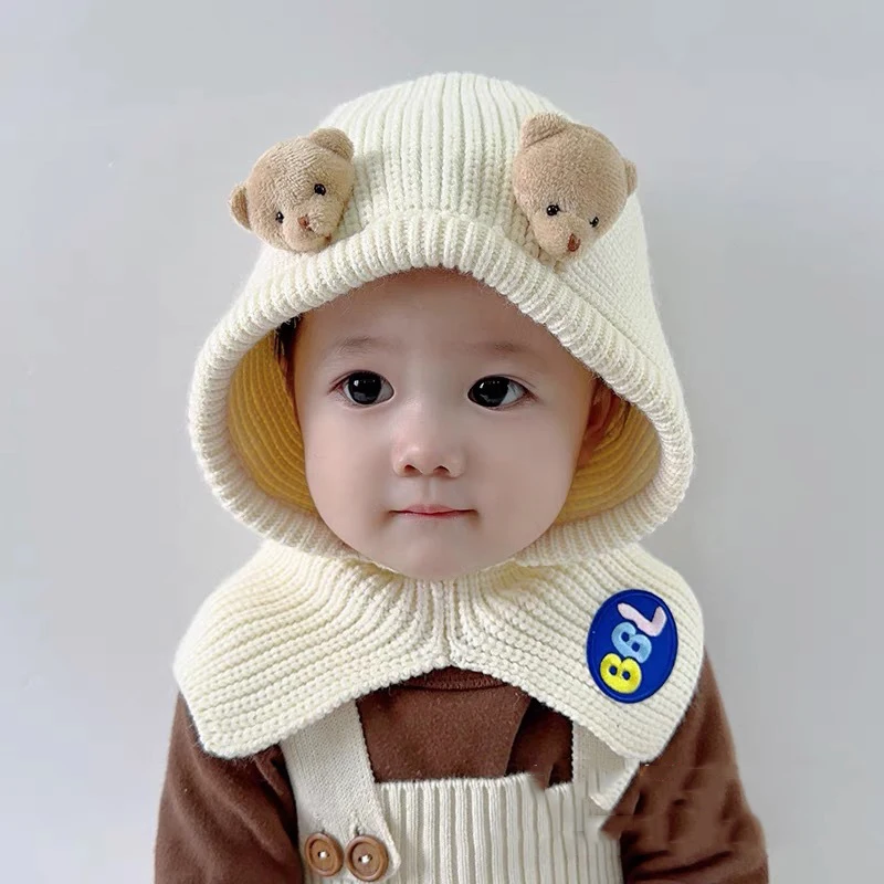 

Cute Bear Kids Balaclava Knit Hat Cartoon Baby One Piece Scarf Cap 1-6Year Boy Girl Winter Warm Hooded Beanie Children Headgear