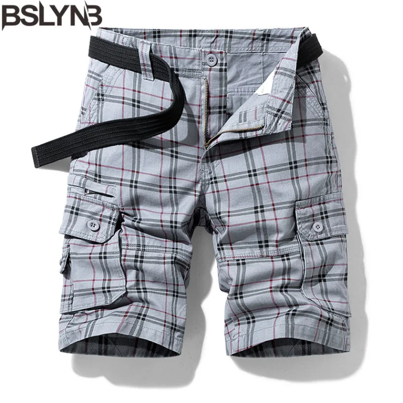 New Arrival Men\'s Plaid Cargo Shorts Bermuda Fashion Beach Pants Cargo Short Pants