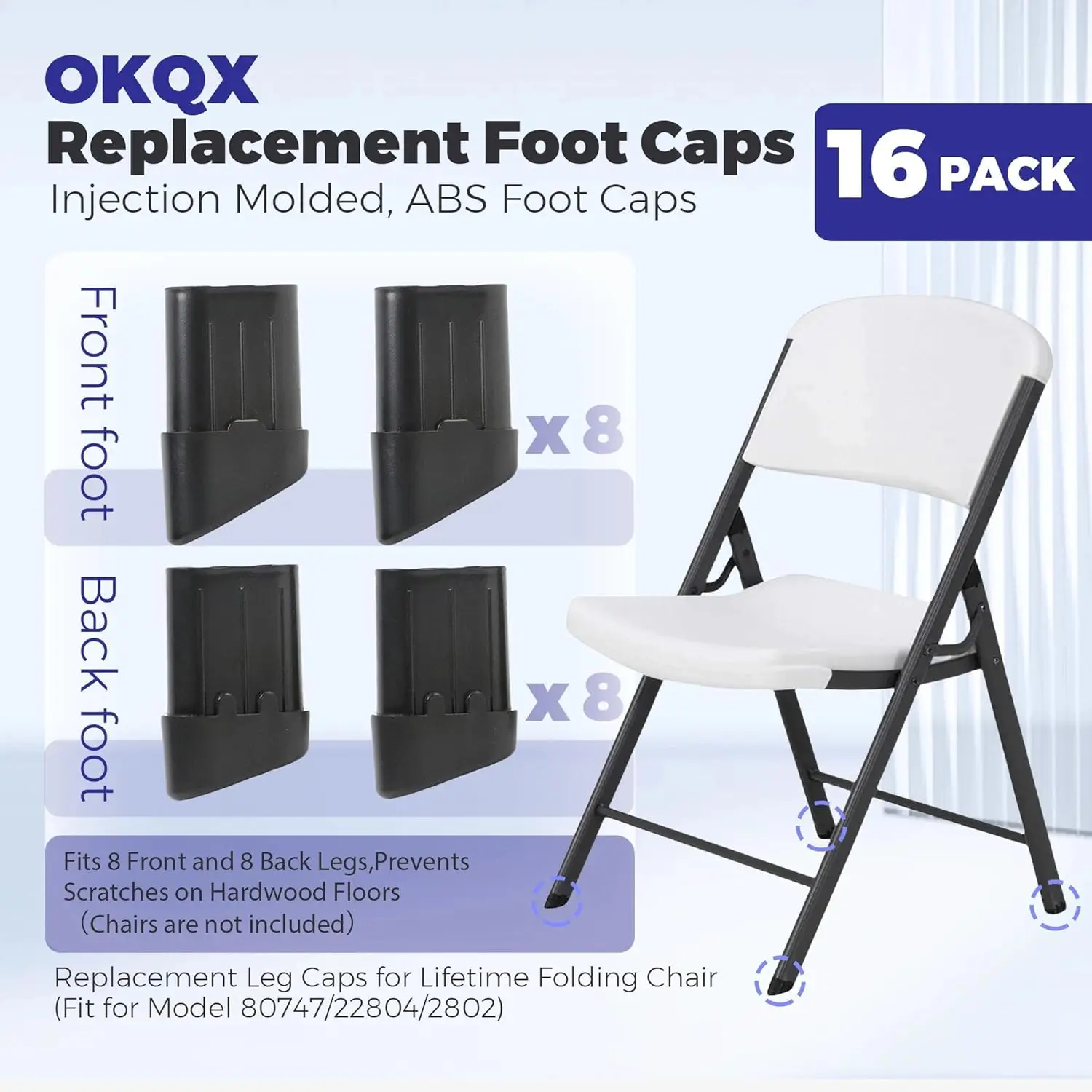 16-Pack Replacement Leg Caps for Lifetime Folding Chair (Fit for Model 80747/22804/2802) - Injection Molded, ABS Foot Caps - Fit