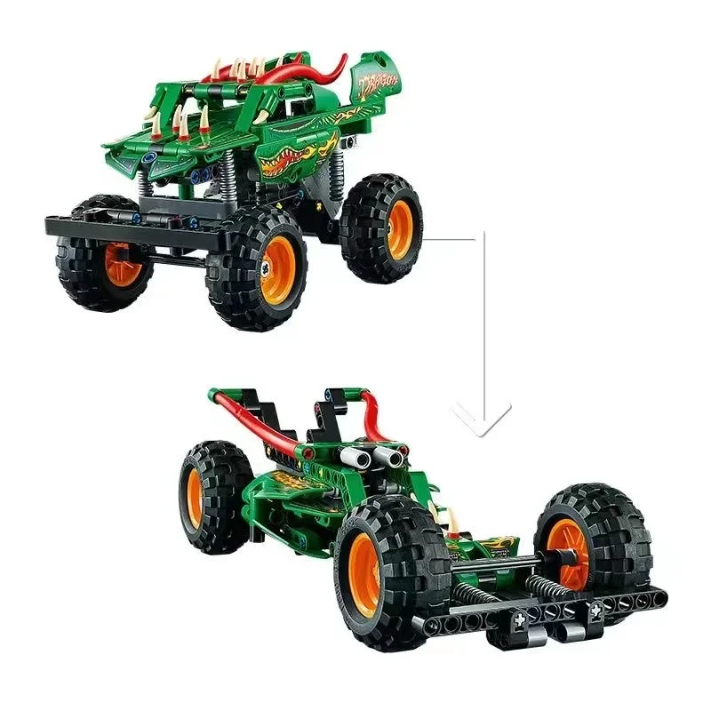 Technical Monster Jam Megalodon Building Blocks Set 2 in 1 Pull Back Racing Car Model Kids Toys For Boys Christmas Gifts