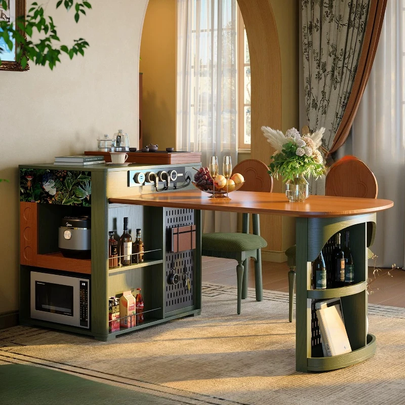 French retro retractable island dining table integrated medium and ancient style household solid wood multi-functional small