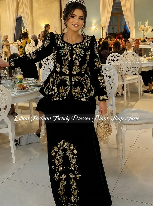 

Customized Black Velvet Algerian Evening Gown Printed Ethnic Two-Piece Prom Dress Arabic Banquet Gown Mother-of-the-Bride Dress