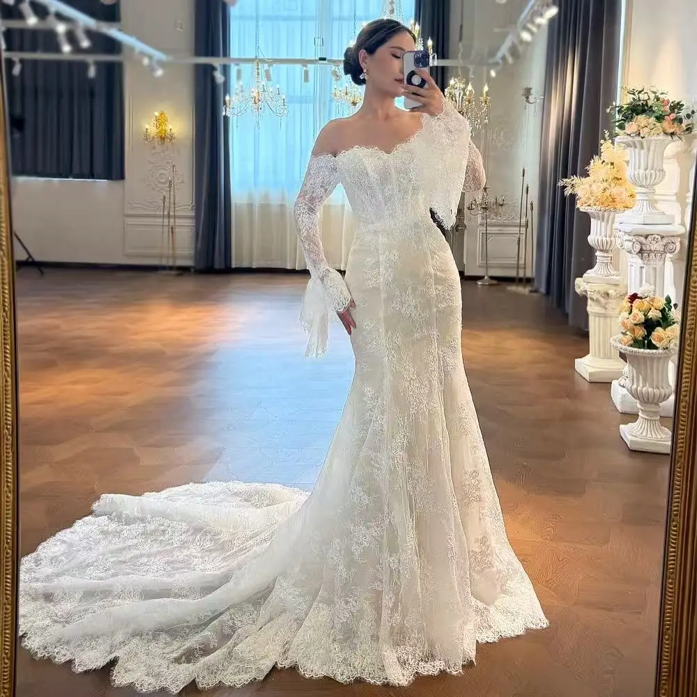 Vintagecu Off-The-Shoulder Flare Long Lace Sleeve Mermaid Wedding Dress Detachable Overskirt Tallas Grandes Bridal Gown Customiz