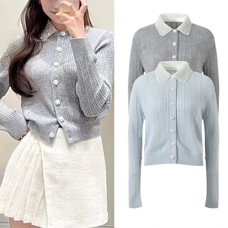 

Ele European Sle вязаный кардиган женский длинный све отложной воротник с жемчужными пуговицами и тяжелой вышивкой Faion Top