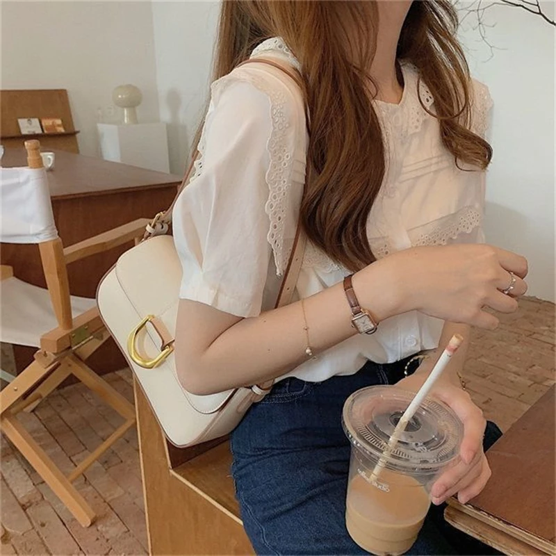 Women\'s Trendy White Lace Patchwork Button Up Shirt Casual O Neck Short Sleeve Blouse Chic Loose Tops Female 2024 Summer Blusas