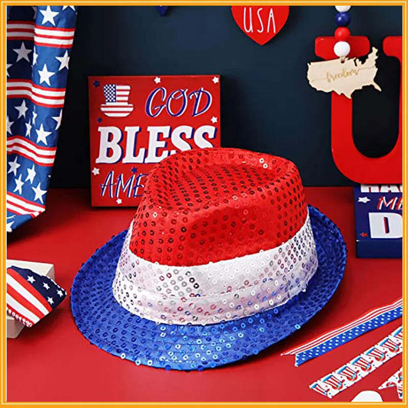 Sequins Bowler Hat Jazz Cap stage performance Performance Cap American Independence Day Flag Colour Blocking Cap Red White Blue