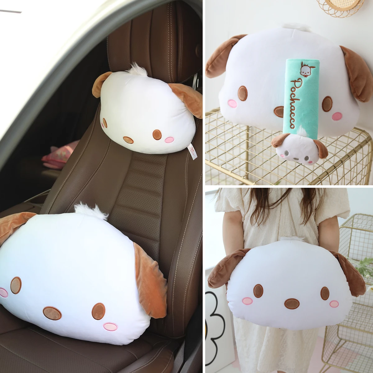 

Sanrio Car Accessories Cute Pochacco Headrest Seat Belt Cover Back Cushion Kawaii Anime Pillow Lovely Car Decoration Xmas Gift