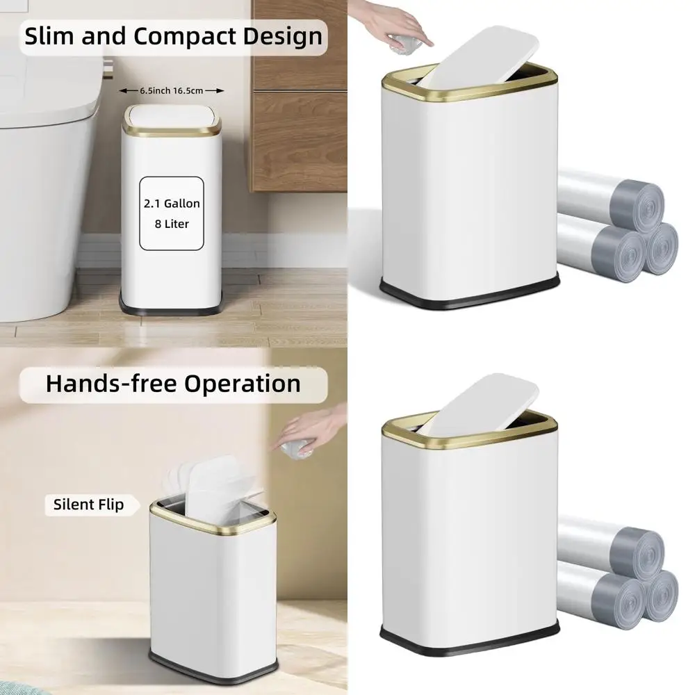 

Качающийся мусорный бак из нержавеющей стали, 8 л/2,1 галлона, прямоугольный мусорный бак для дома и офиса, ванных комнат, спален, гостиных (белый)