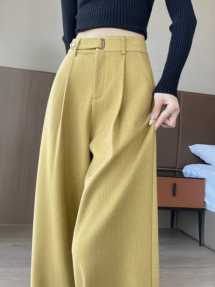 

Stylish Yellow Suit Pants Korean Fashion Textured Pants Loose Casual Trousers Female Pocket Irregular Waist Office Ladies Pants