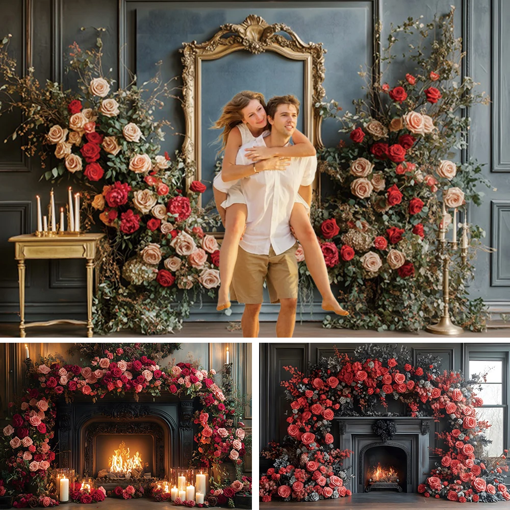 February 14 Valentine's Day Backdrop Photography Fireplace Rose Flowers Party Background Couple Photo Photohraphic Studio Shoots