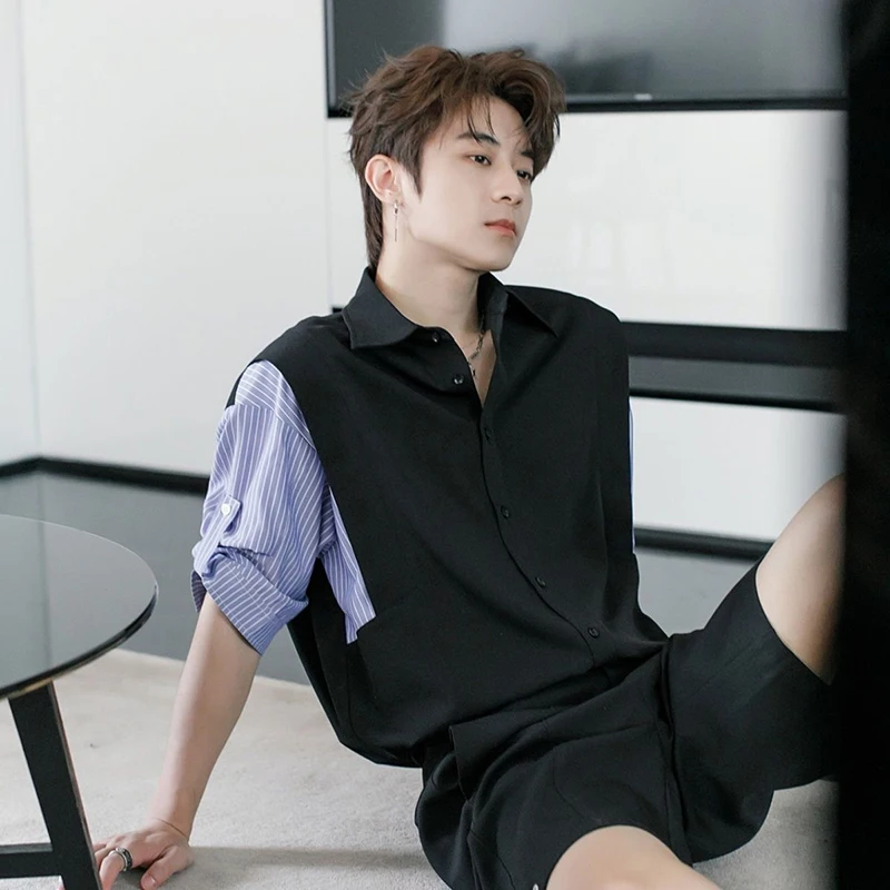 Summer Men Spliced Hit Color Striped Short Sleeve Shirt Korean Fashion Business Casual Blouse Tops Black White Banquet Interview