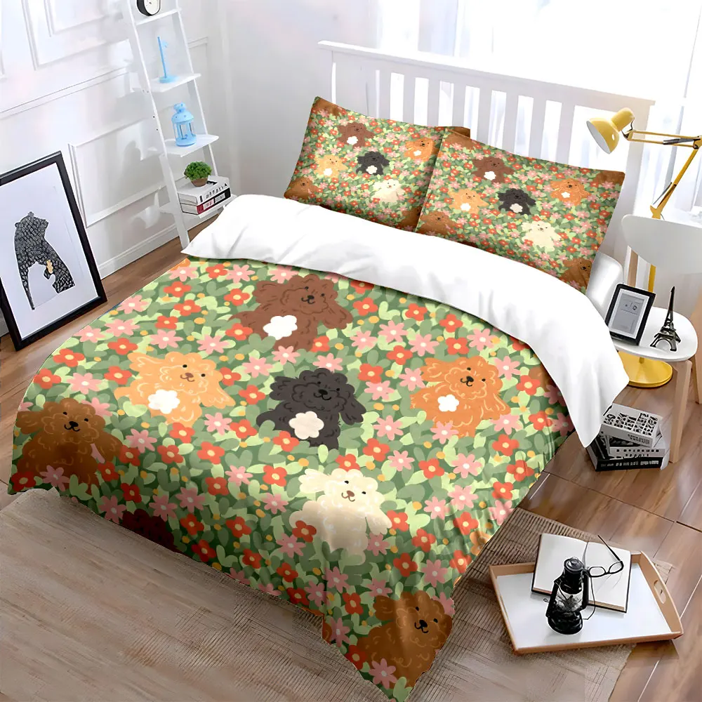 Cute dogs in floral background Pattern Duvet Cover Set Digital Print Colorful Polyester Bedding with Zipper Closur for gifts