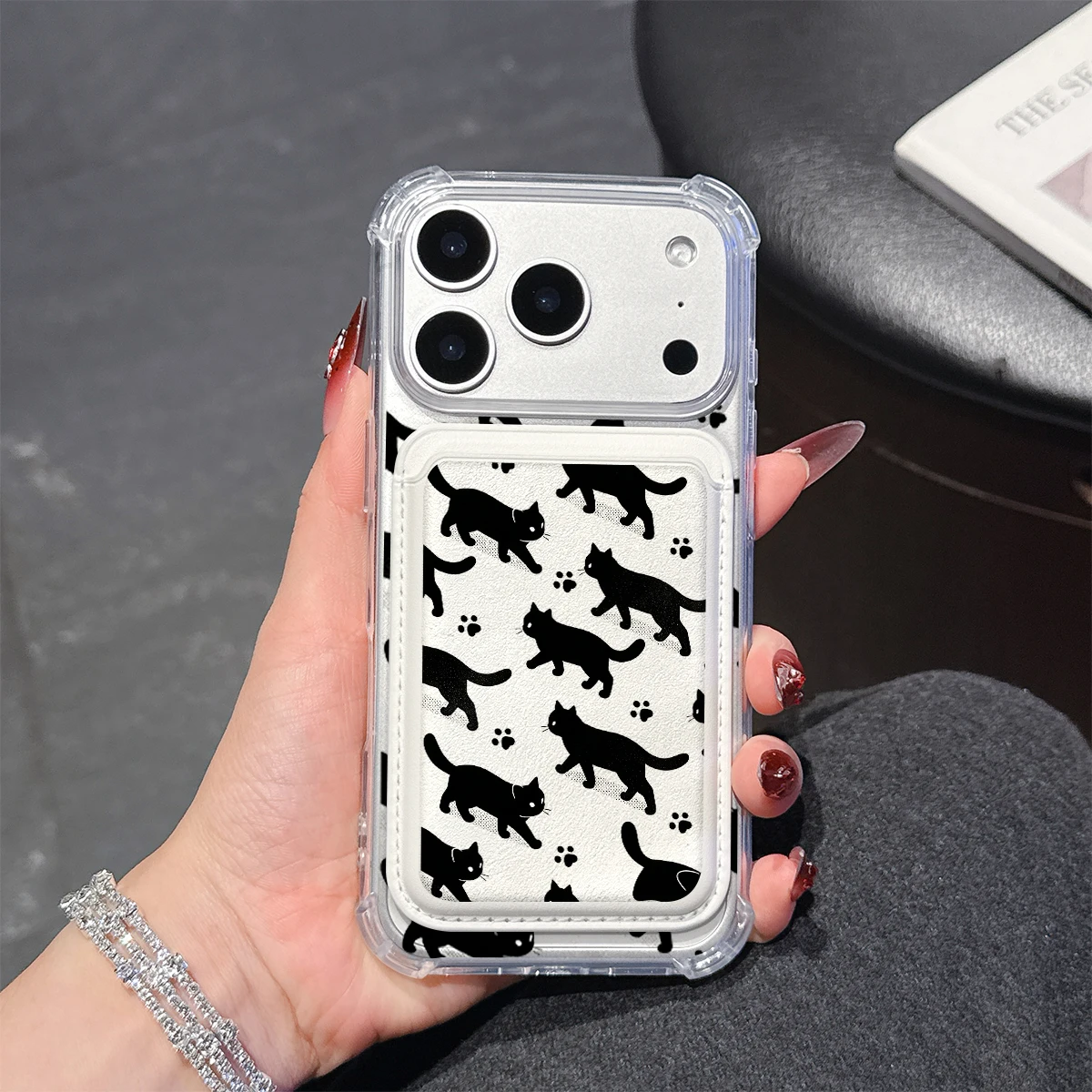 Schwarze Katzensilhouette Handyhülle für iPhone 17 16 15 14 Pro Max Plus mit Brieftaschenfach, transparentes, weiches TPU für magnetische Handyhüllen