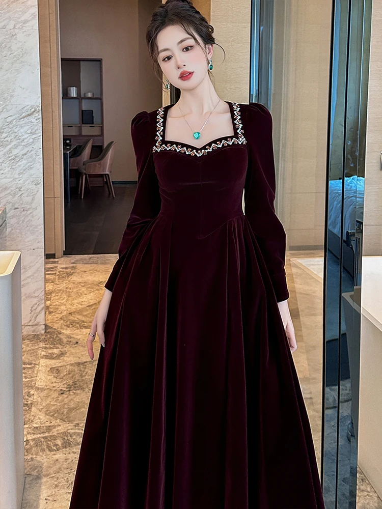 Ropa de mujer elegante de terciopelo liso con mangas abullonadas, vestido ajustado acampanado de lujo para noche, Vestidos elegantes para fiesta de cumpleaños, bata informal