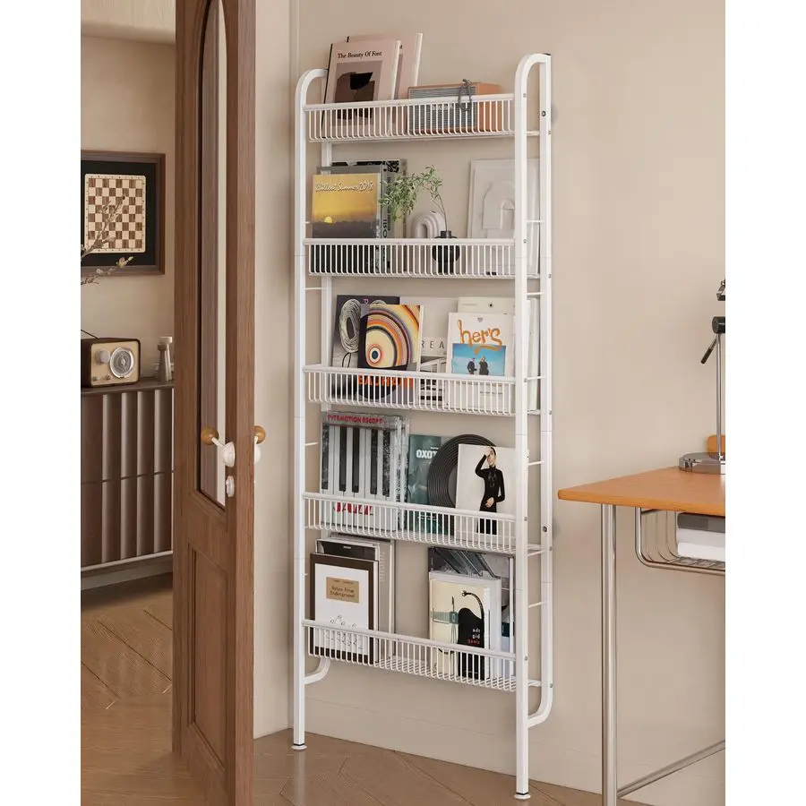 Slim Metal Storage Shelf Behind Door Organiser 5 Tier, Bookshelf Bookcase Book Rack Bathroom Narrow Shelving Unit White 62x9x16