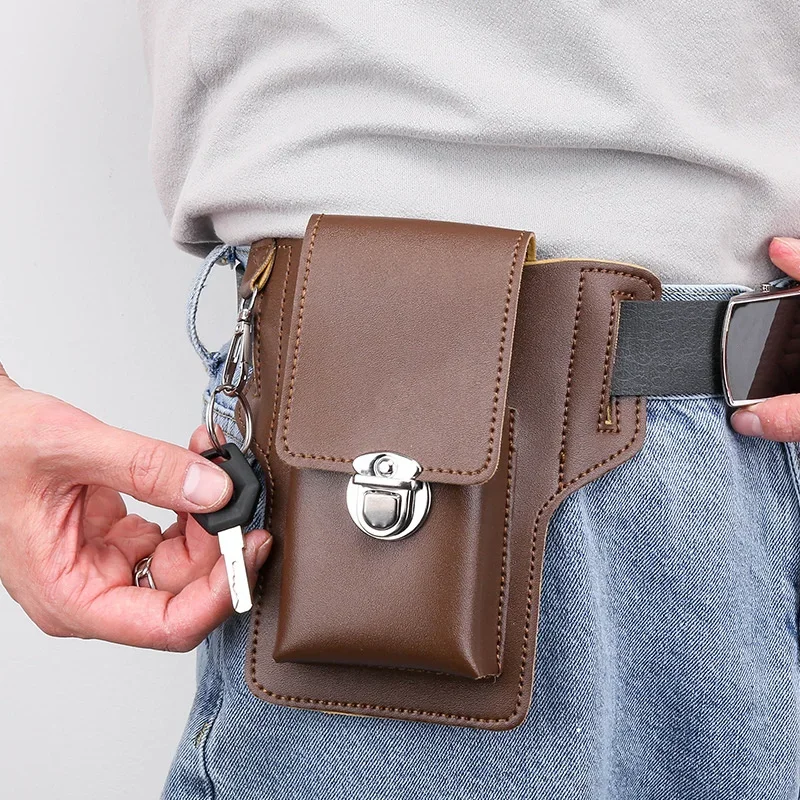 Waterproof Leather Men Mobile Phone Storage Waist Bag For Iphone Samsung Huawei Universal Multifunctional Card Bag Fanny Pack