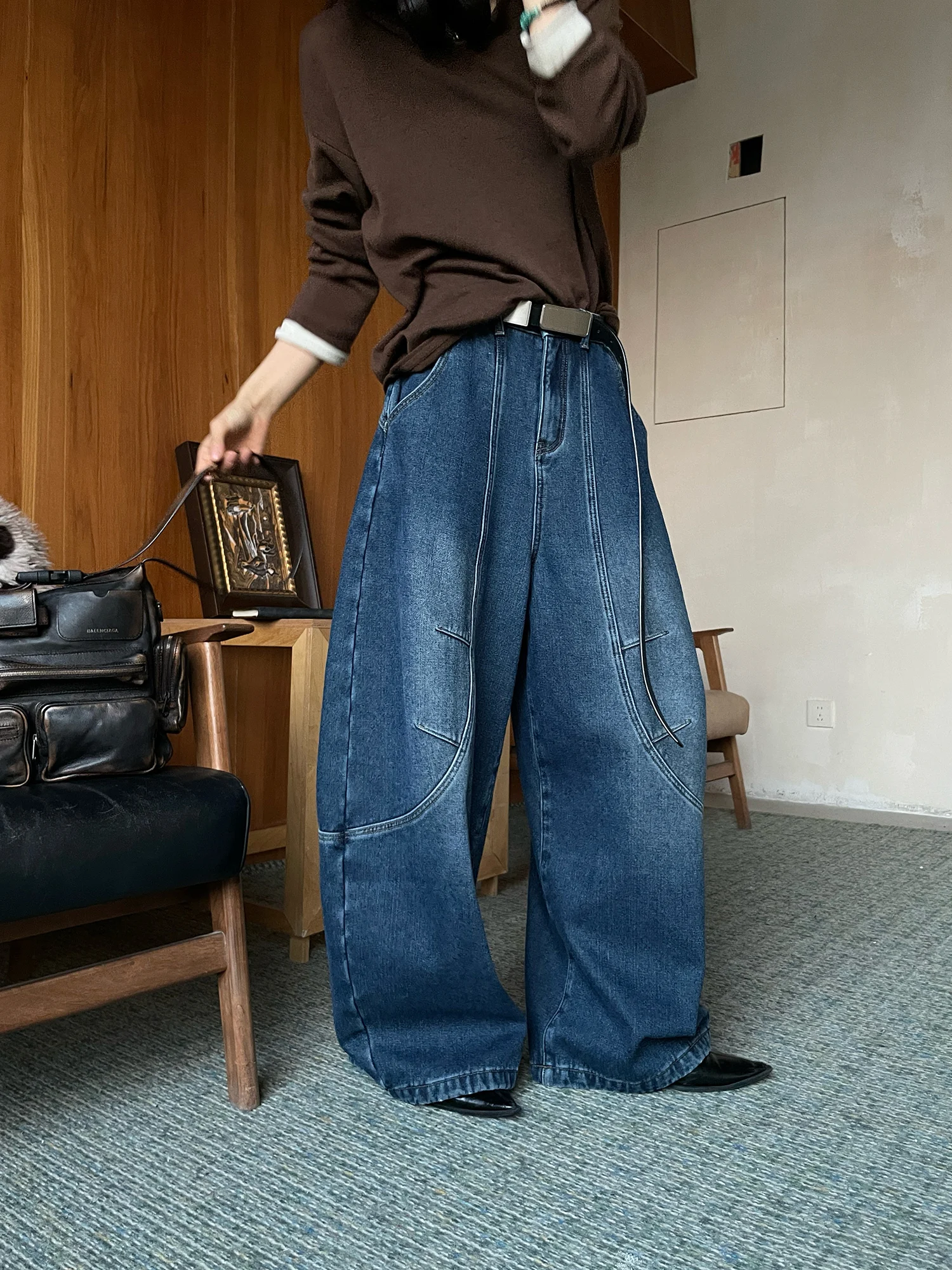 

JCCC adow Vintage Faded Denim Jeans Casual 3D Deconstructed Fce Cotton Blend High Waist Long Pants Women's Faion