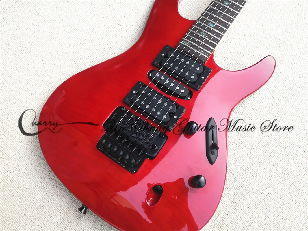 Ultra-thin Guitar 6 String Electric Guitar, Slim Guitar, Red Tiger Veneer Body, Tremolo Bridge, Black Buttons