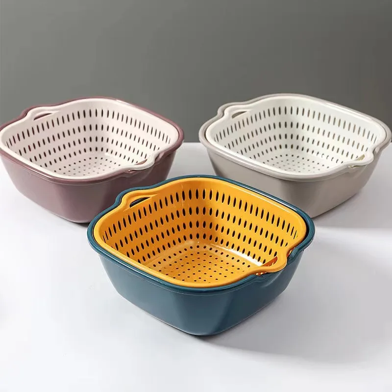 Hot Double-layer drain basket six-piece thickened kitchen vegetable and fruit drain basket wash basin set strainer basket