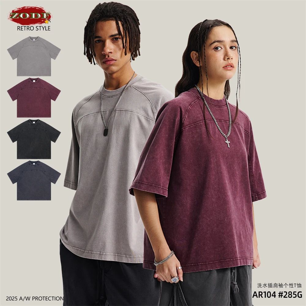 

ZODF Retro 2025 Men Summer Batik Washed Cotton T-Shirts Unisex High Street Raglan Sleeve Patchwork T Shirt Brand Tees HY1062